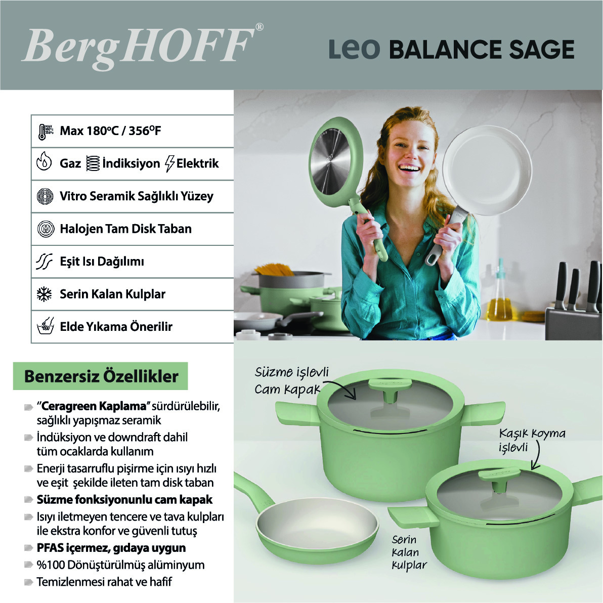 Berghoff Leo Balance 5 Parça Tencere Seti Sage - 2